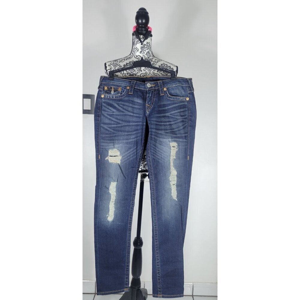 True Religion Jeans Womens 29X 32 Blue Low Rise Distressed Skinny Vintage Y2K